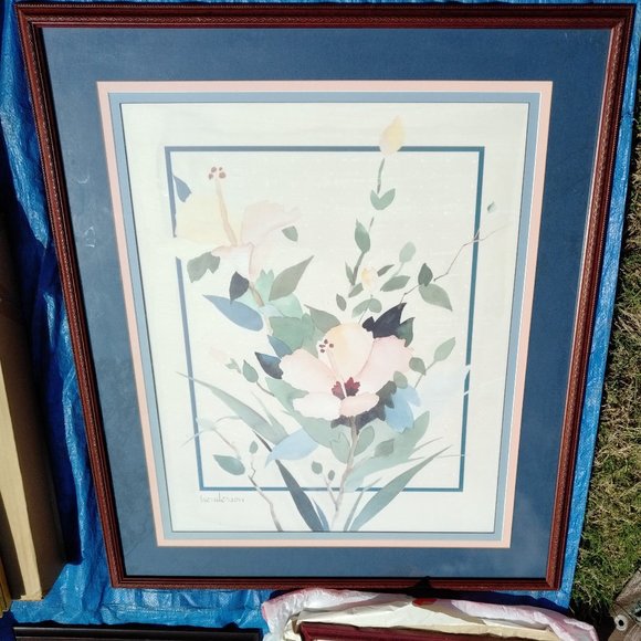 BLUE, PEACH, AND ROSE FLOWER PRINT WITH CUSTOM DOUBLE MAT AND CHERRY WOOD FRAME - Picture 5 of 5